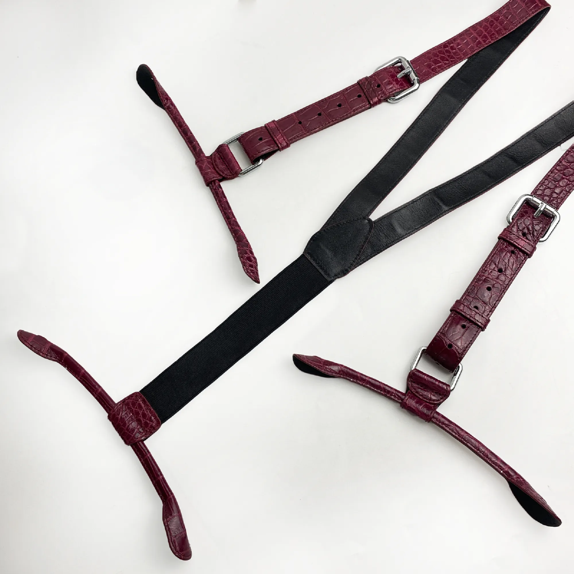 Alligator Y-Back Burgundy Leather Suspenders Men Button End - Groomsmen Suspenders - Wedding Groom Suspenders Adjustable