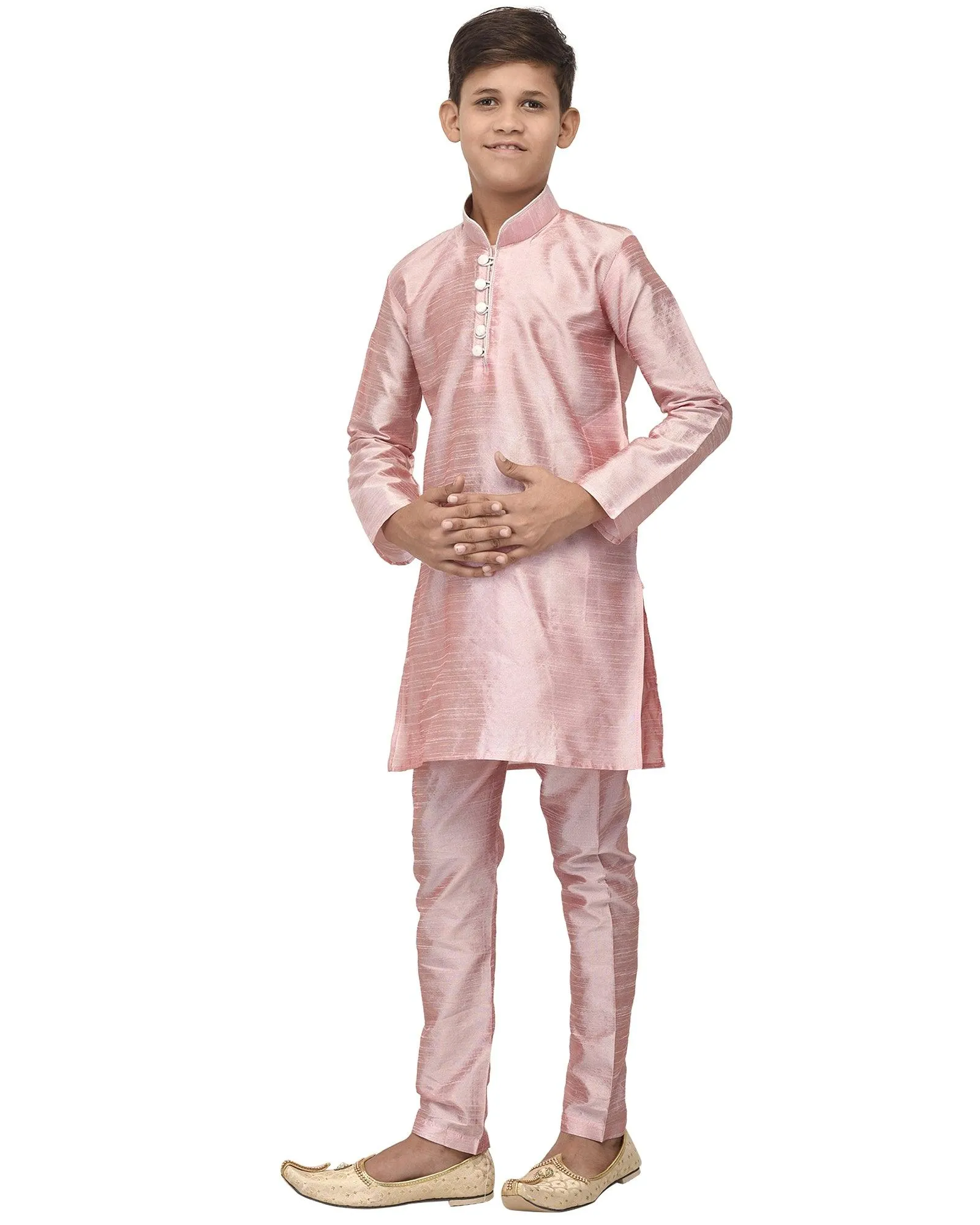 Boy's Pink Solid Kurta With Churidaar Pyjama - Benstoke KIDS