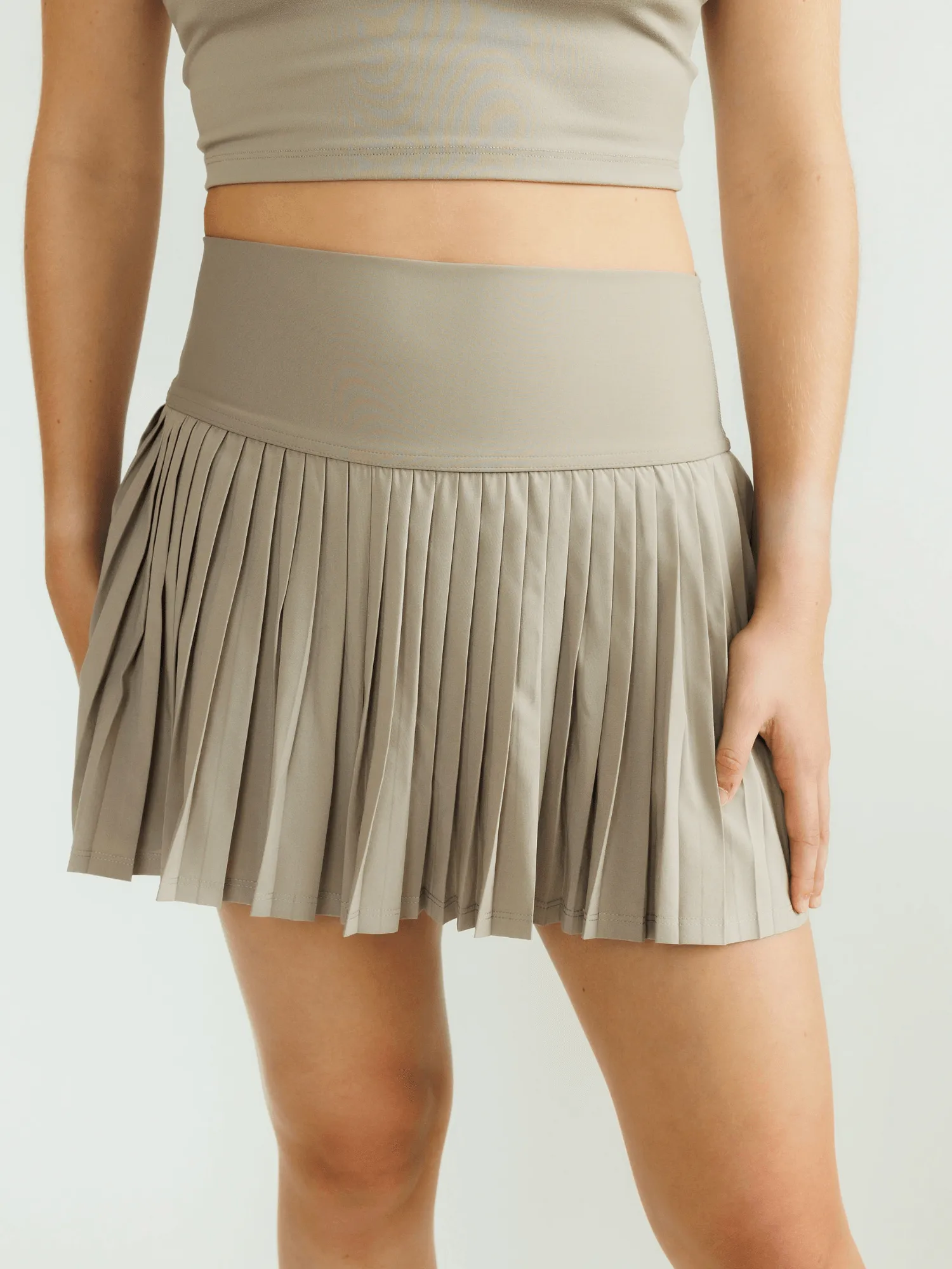 Khaki "Maddie" Full Pleat Active Skirt with Pockets in Shorts Liner