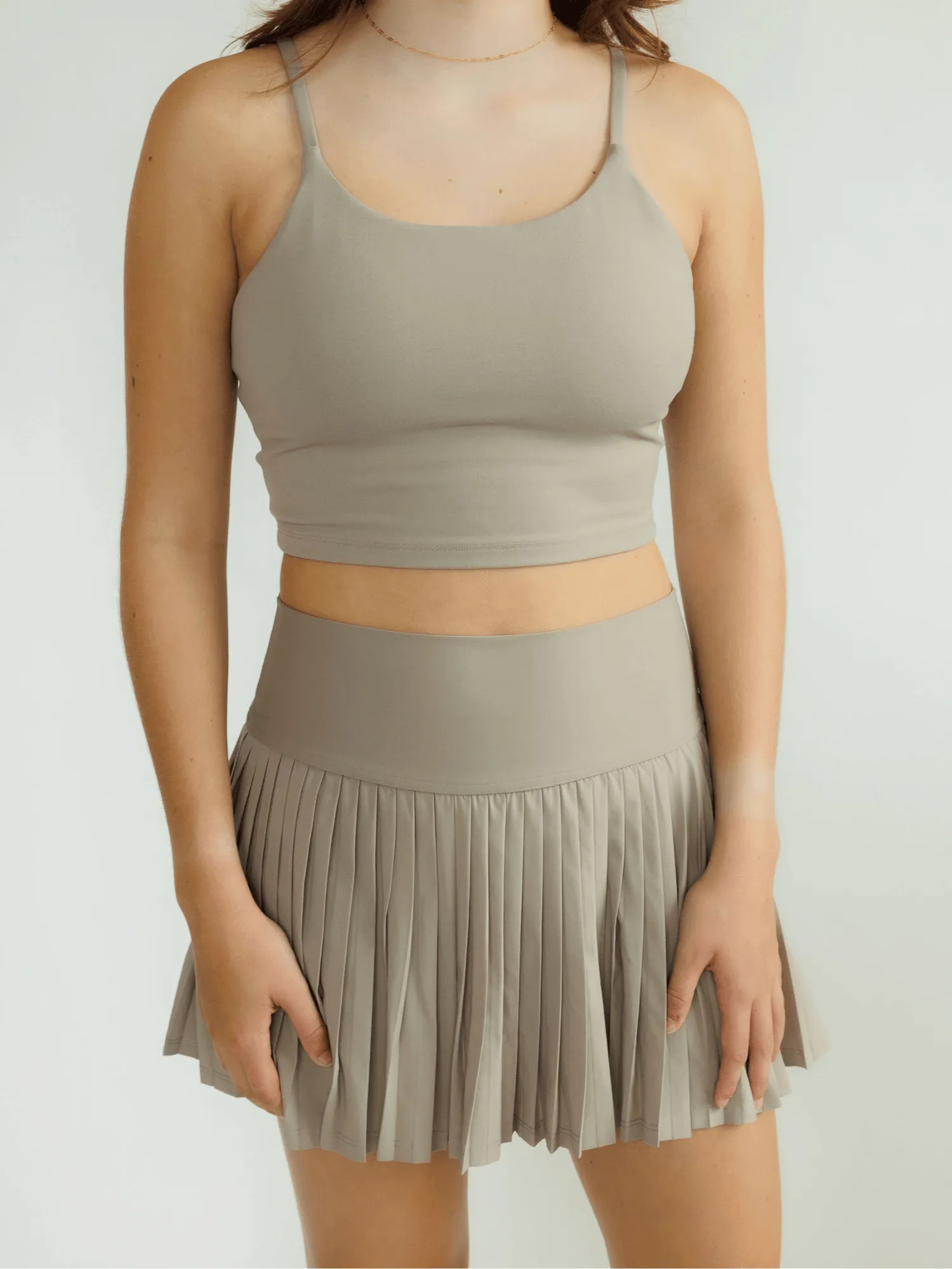 Khaki "Maddie" Full Pleat Active Skirt with Pockets in Shorts Liner
