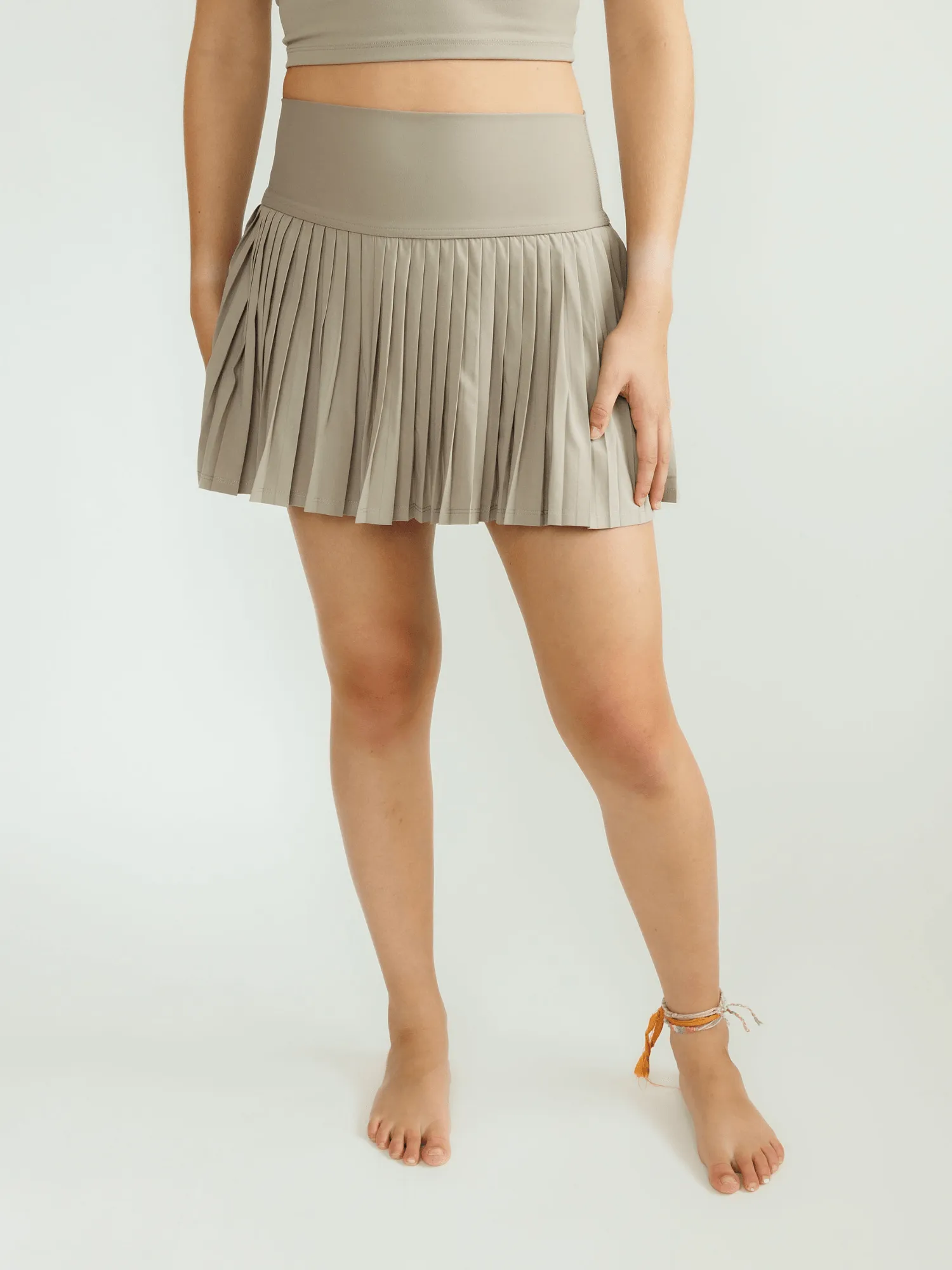 Khaki "Maddie" Full Pleat Active Skirt with Pockets in Shorts Liner