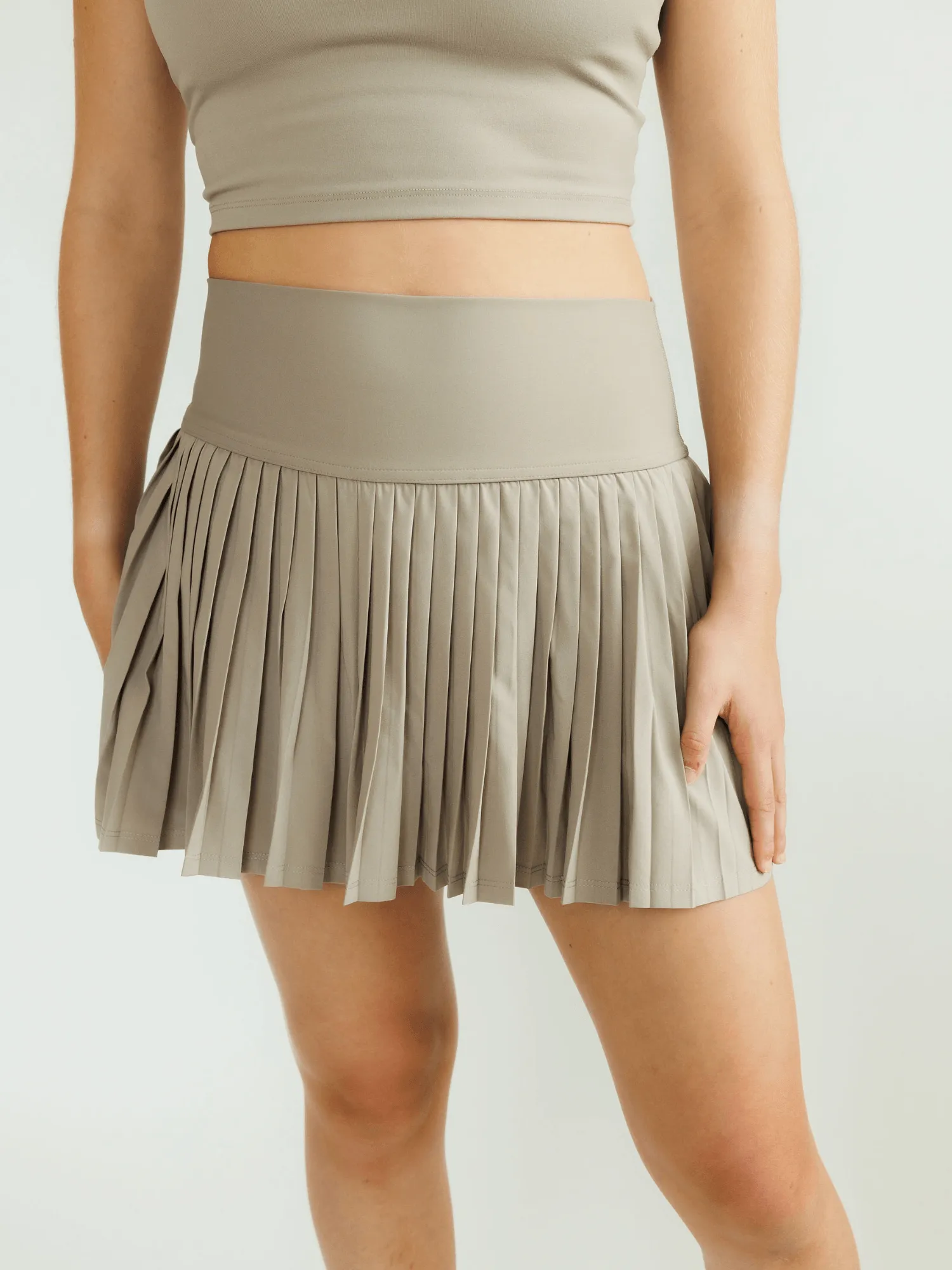 Khaki "Maddie" Full Pleat Active Skirt with Pockets in Shorts Liner