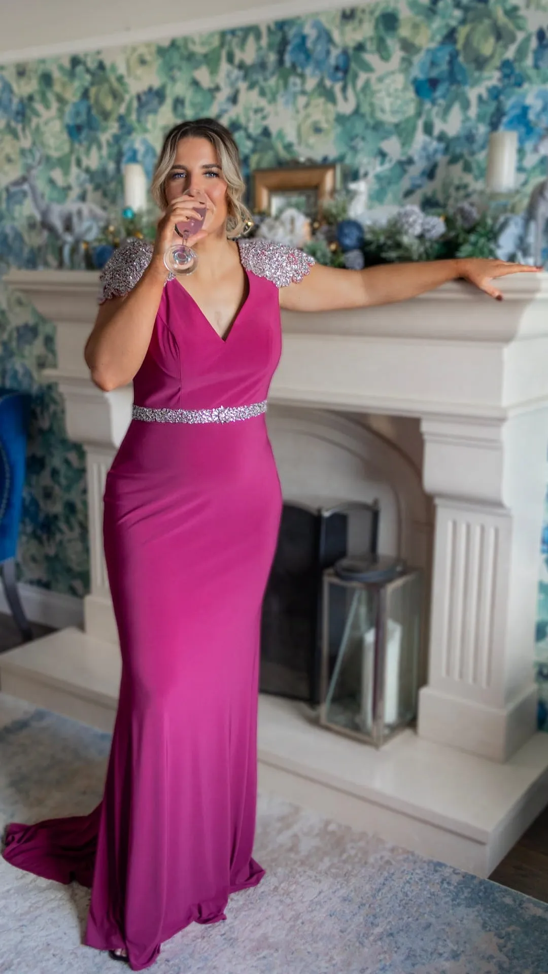 Sarah Magenta V Neck Sequin Shoulder Cap Sample Dress Bridesmaid Dress