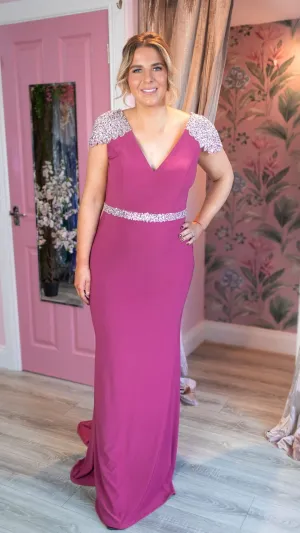 Sarah Magenta V Neck Sequin Shoulder Cap Sample Dress Bridesmaid Dress