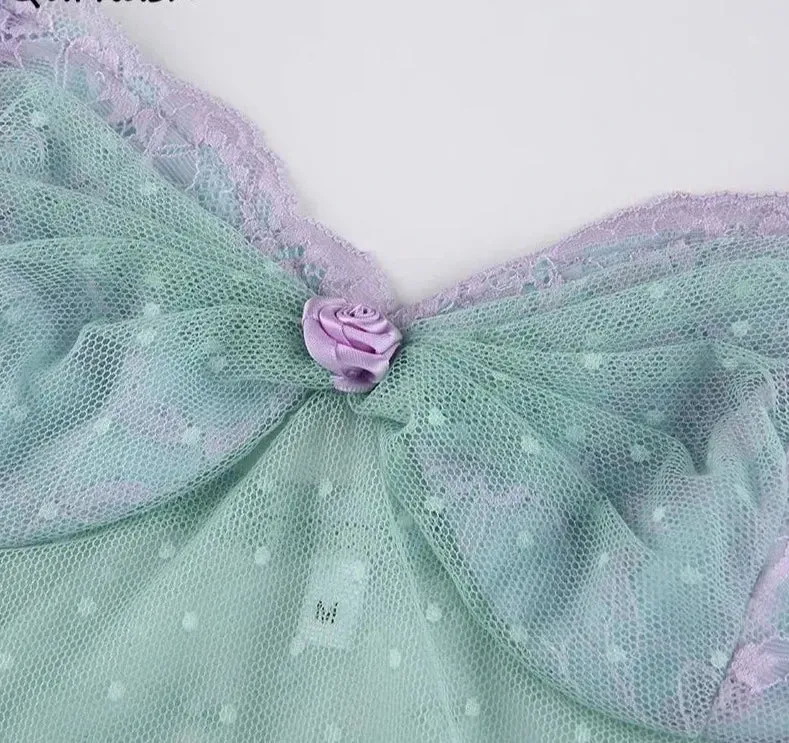 Sexy Mesh Camis Women Summer Polka Dot Flower Lace Patchwork Criss-cross Crop Tops American Style Slim Backless Hot Girls Chic